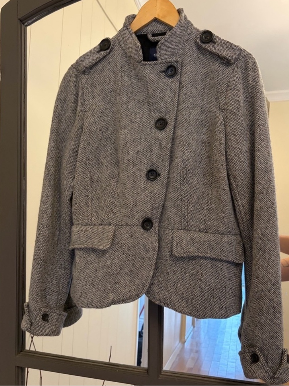 GAP Wool Blend Military Inspired Herringbone Button-Front Pea Coat